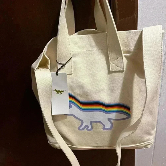 NWT Maison Kitsune Canvas Tote Bag Rainbow Fox Cream - Picture 3 of 4